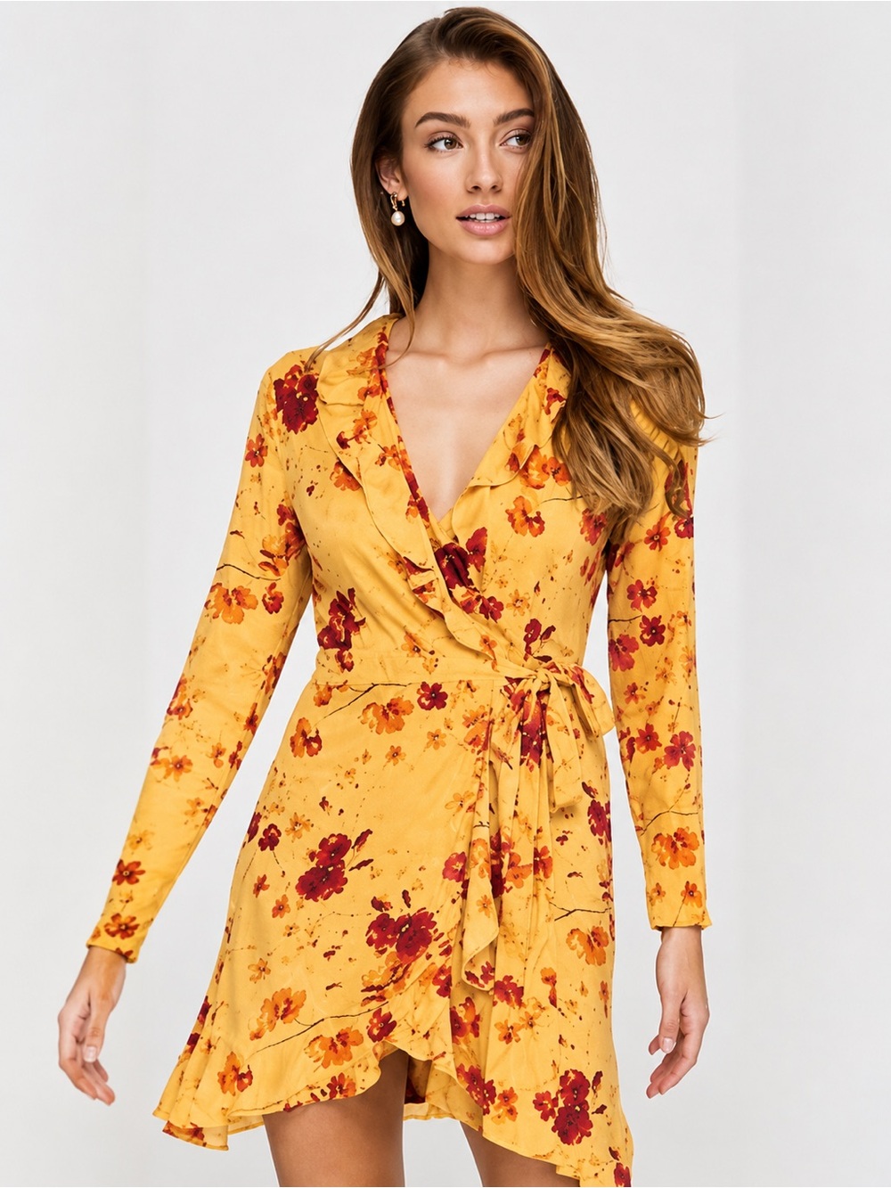 Wilfred Louise Floral Wrap Dress in Mustard Yellow